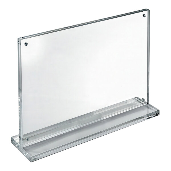 A clear acrylic magnetic block frame in landscape orientation with a rectangular acrylic base and rubber bumpers.