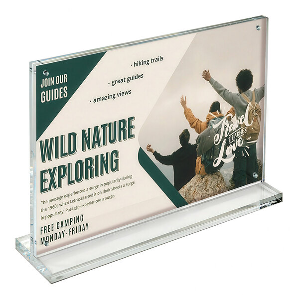An acrylic magnetic block frame with a landscape orientation, mounted on an acrylic base with rubber bumpers, displaying a promotional sign.