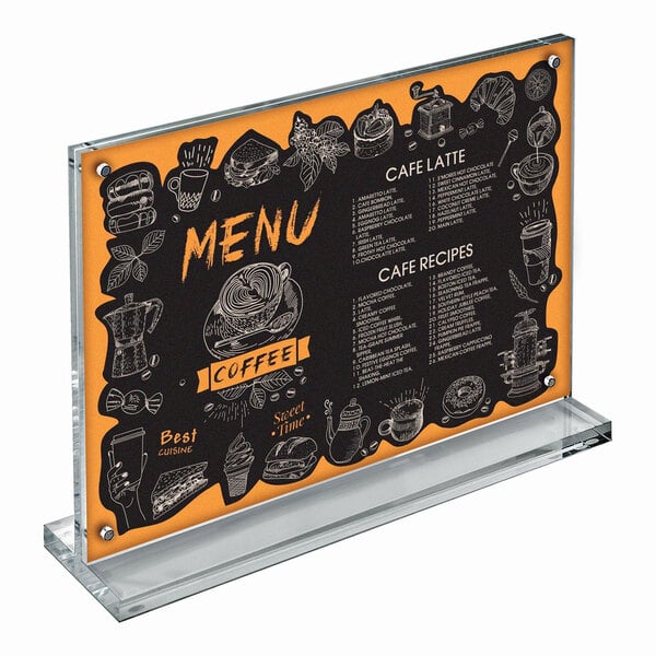 A clear acrylic magnetic block frame with a landscape orientation, mounted on an acrylic base and featuring rubber bumpers.