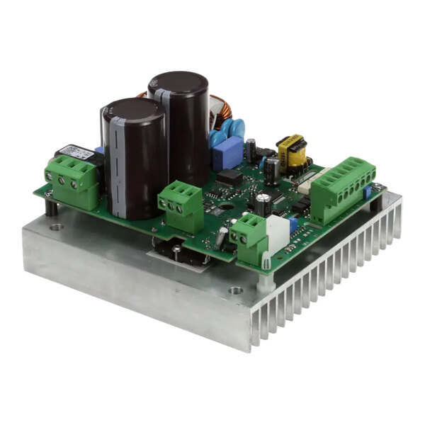 A BKI 6010131 motor inverter with a green circuit board, large capacitors, and a metal heat sink.