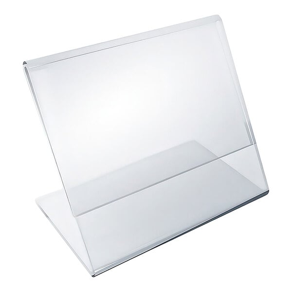 A clear acrylic slanted sign holder designed to display 3 1/2 by 2 1/2 inch signs.