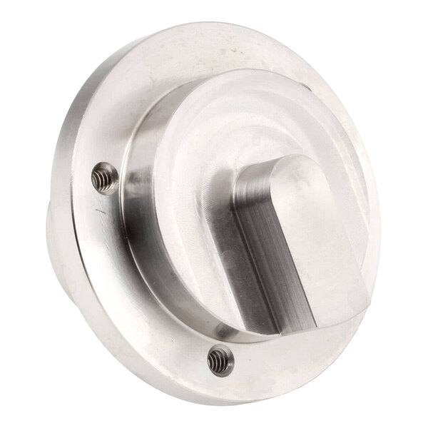 A round metal coupling component with a protruding handle and two screw holes, used for mechanical connections.