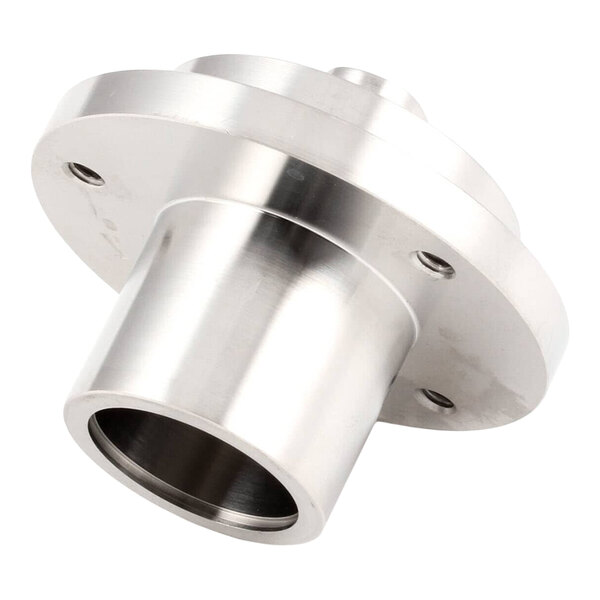 A stainless steel mechanical coupling component with a flange and cylindrical extension.