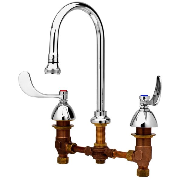A chrome T&S deck mount faucet with gooseneck spout and wrist action handles.