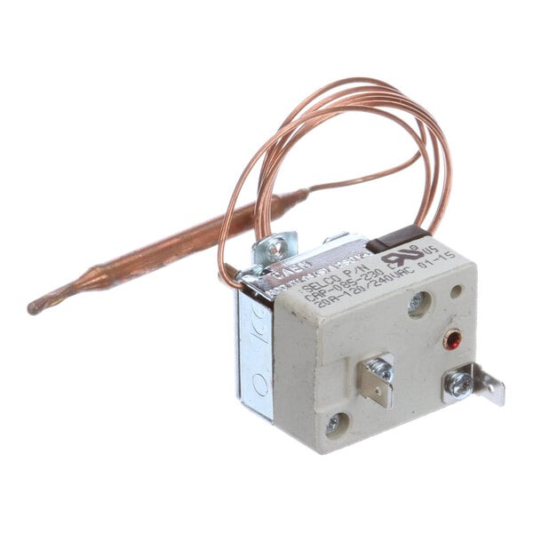A BKI adjustable hot capillary thermostat with a copper sensing probe and wire.