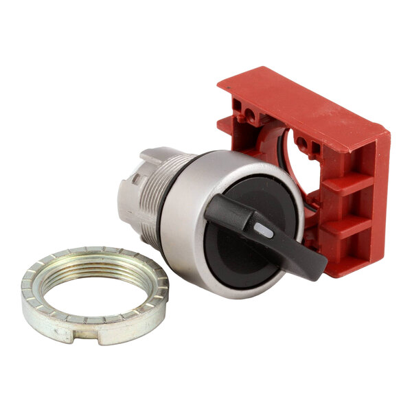 A black two-position operator switch with a red mounting bracket and a metal securing ring.
