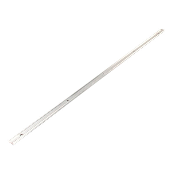 A long, narrow metal mounting rail extrusion with evenly spaced holes, used for securing a door seal.