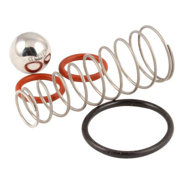 A kit containing a metal spring, a metal ball, and several rubber O-rings for a fryer.