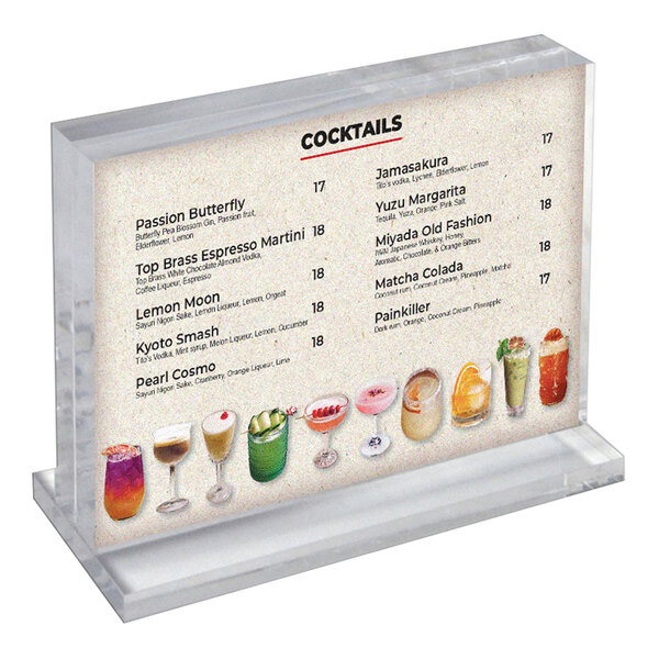 An acrylic block frame with a landscape orientation on an acrylic base, displaying a cocktail menu.