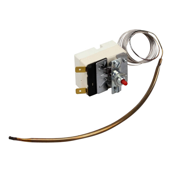 A high-limit thermostat with a coiled sensing probe and electrical terminals.