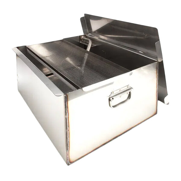 A stainless steel oil vat assembly with a hinged lid and side handles.