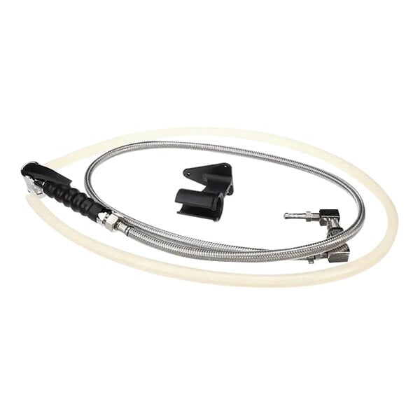 A hose and sprayer assembly kit with metal and plastic components.