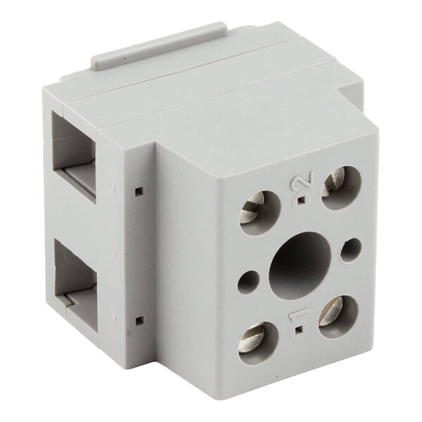 A gray 2-pole terminal block used for electrical connections.