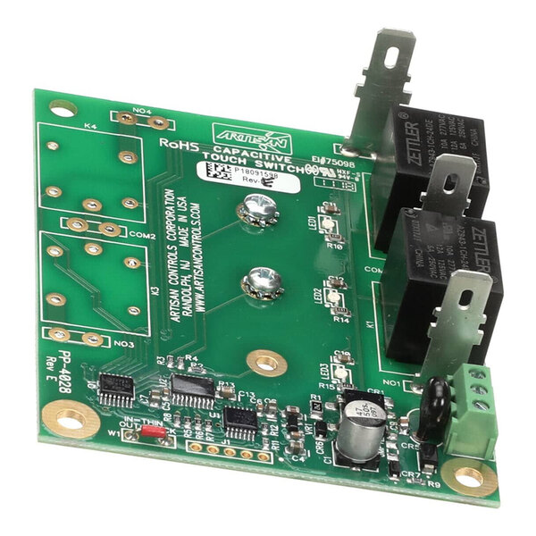 A green capacitive touch switch circuit board with two relays and various electronic components.