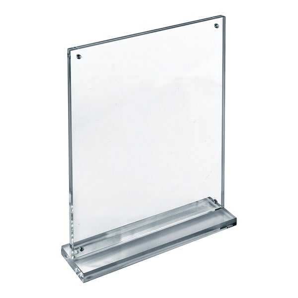 A clear acrylic magnetic block frame with a rectangular base designed to hold 8 1/2" x 11" portrait displays.