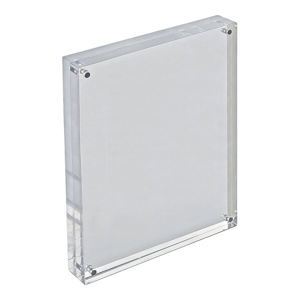 An acrylic magnetic block frame designed to hold 8 1/2" x 11" documents in either landscape or portrait orientation.
