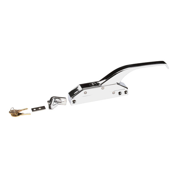 A chrome front door latch assembly for an AutoFry, including a handle, mounting hardware, and keys.