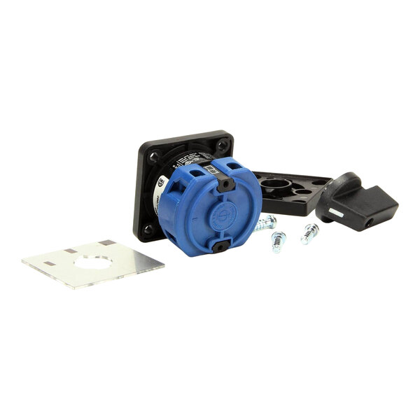 A 30A 2-pole on/off switch assembly with a blue rotary actuator, mounting plate, screws, and a black handle.