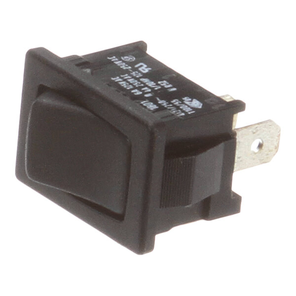 A black rectangular rocker switch with metal terminals, used for electrical control applications.