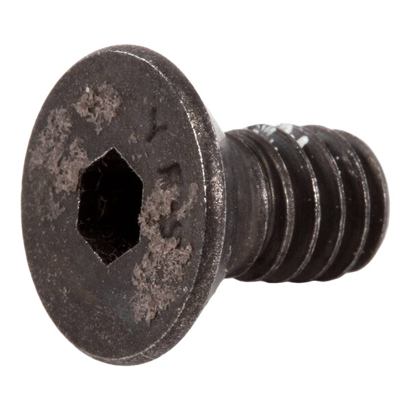 A black flat head socket screw with a hexagonal drive and coarse threads.