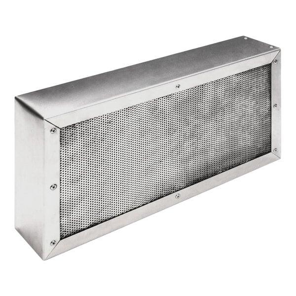 A rectangular metal charcoal filter cartridge with a perforated front panel.