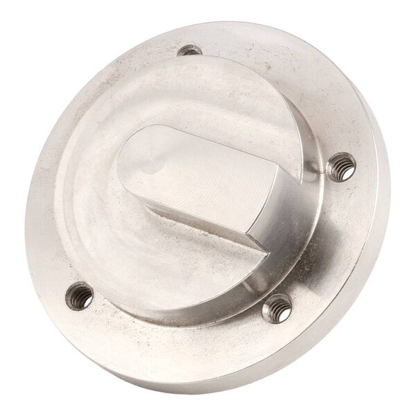 A round metallic drive coupling with four threaded holes and a central raised section, used for connecting components in machinery.