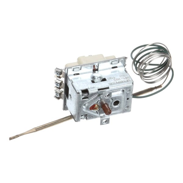 A metal thermostat component with attached probe and coiled wire, used for temperature control in appliances.