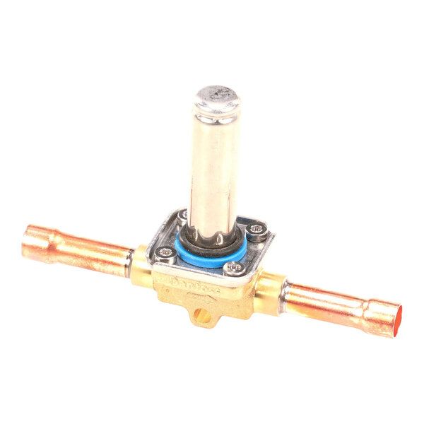 A brass and copper liquid line solenoid valve with a cylindrical actuator and two pipe connections.