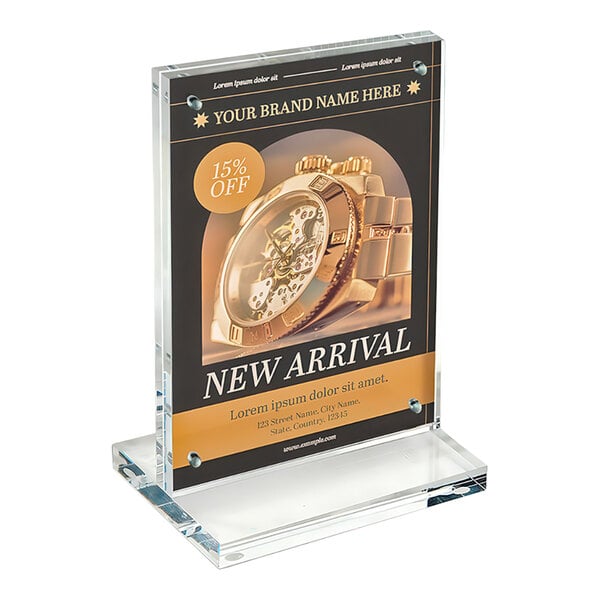 A clear acrylic magnetic block frame with a portrait orientation, mounted on an acrylic base and designed for displaying signs or advertisements.