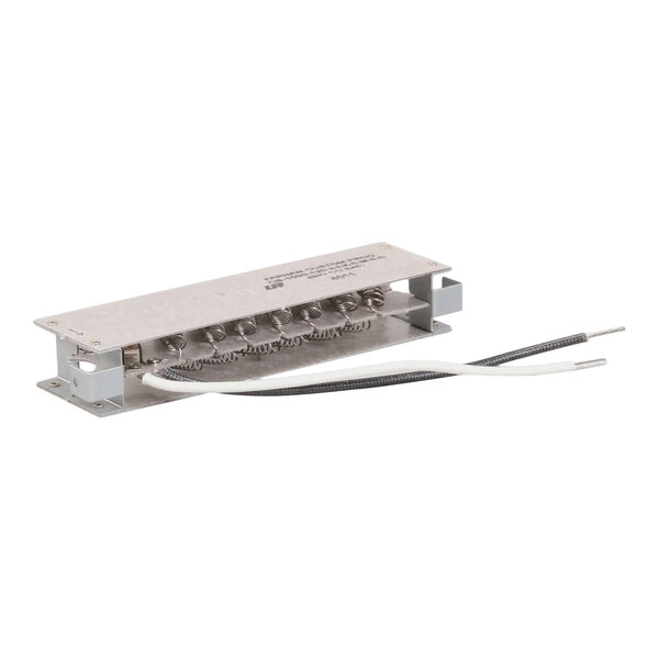 A rectangular metal heating element with attached black and white wires.