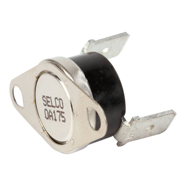 A metal and plastic overtemperature switch with two mounting holes and two electrical terminals.