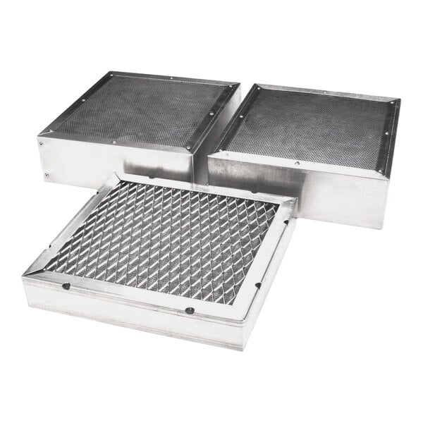 A set of three square metal water cartridge filters for AutoFry equipment.