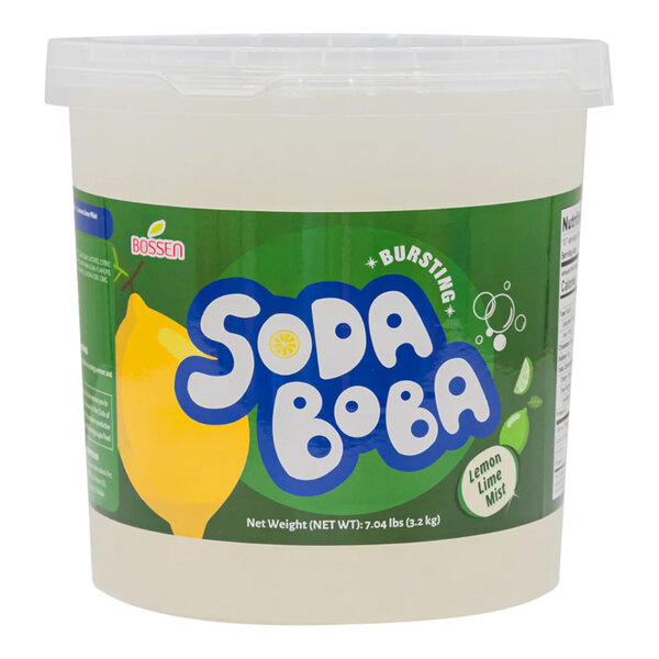 A large tub of Bossen Lemon Lime Mist Soda Bursting Boba.
