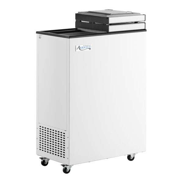 A white four-tub ice cream storage freezer on wheels with a top lid and Avantco branding.