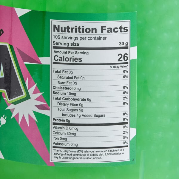A nutrition facts label on a container of Bossen Atomic Rush Energy Bursting Boba.