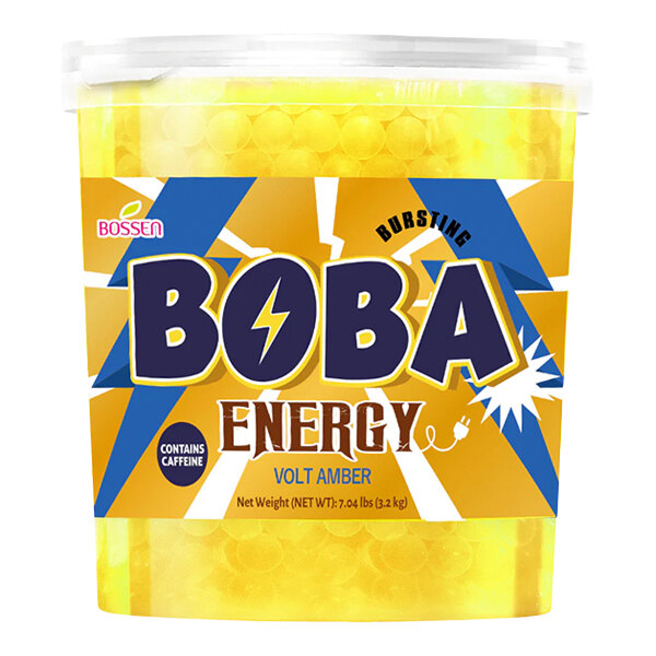 A large container of Bossen Volt Amber Energy Bursting Boba with a yellow color and labeled as containing caffeine.