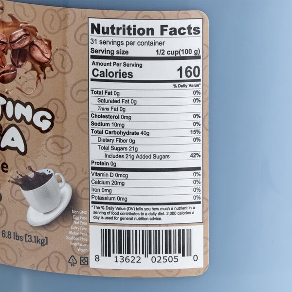 A nutrition facts label on a package of Bossen Coffee Bursting Boba.