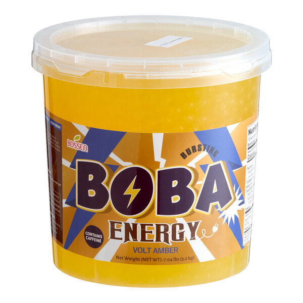 A large plastic tub of Bossen Volt Amber Energy Bursting Boba weighing 7.04 pounds.