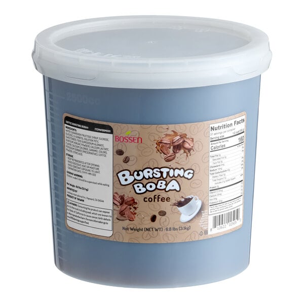 A large plastic tub of Bossen Coffee Bursting Boba weighing 6.8 pounds.