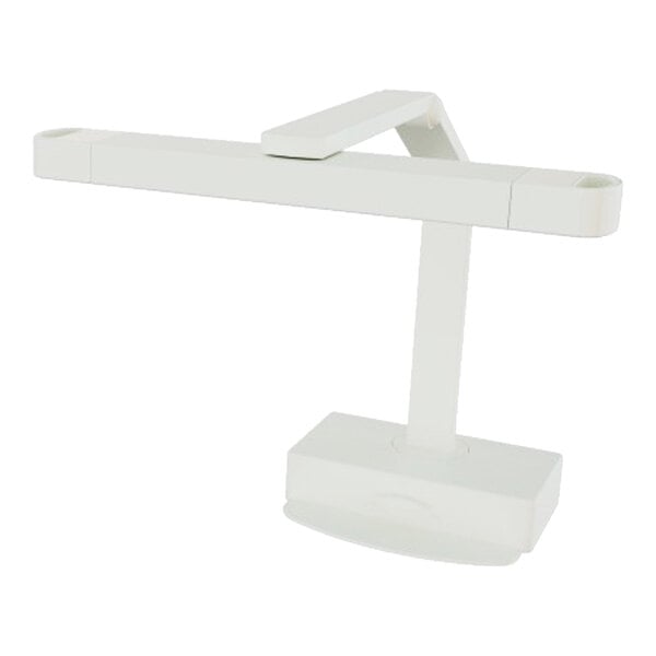 A white multi-position infrared heat lamp with a rectangular base and adjustable arm.