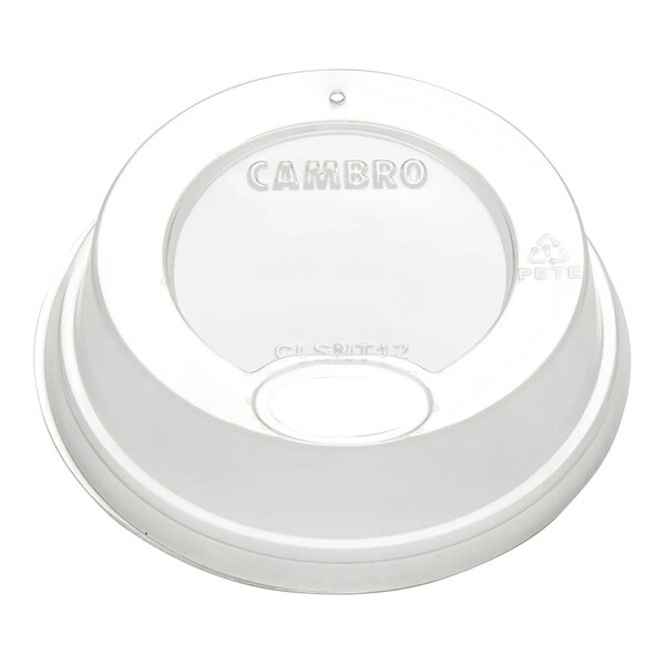 A white disposable sip-through lid for cups, made by Cambro.