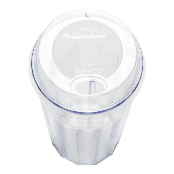 A clear plastic cup with a white disposable sip-through lid.