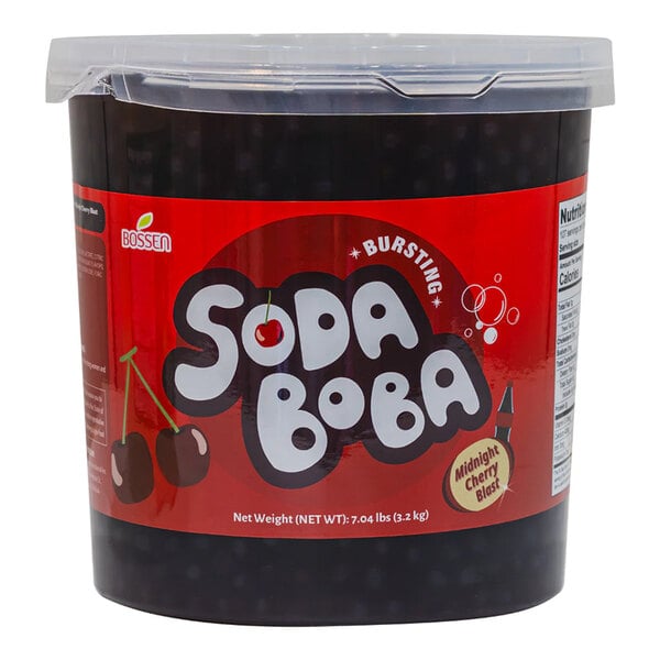 A large plastic tub of Bossen Midnight Cherry Blast Soda Bursting Boba.