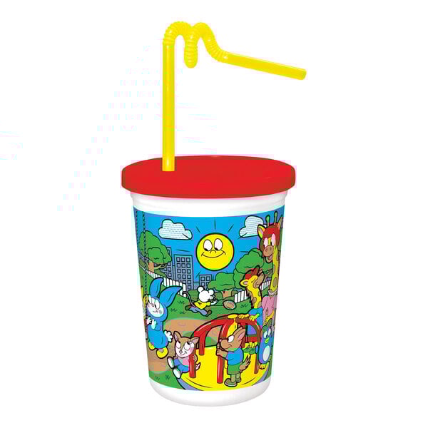 A 12 oz. plastic kids cup featuring a colorful animal print, a red reusable lid, and a yellow curly straw.