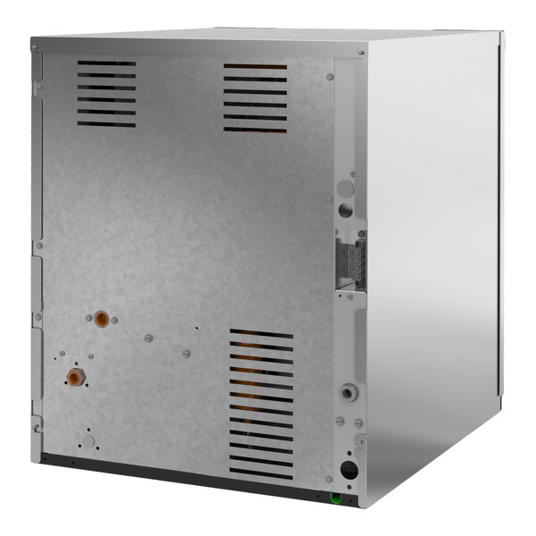 An industrial remote-cooled ice machine with a metal exterior and ventilation slots.