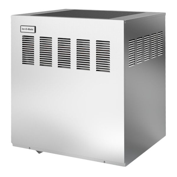 A commercial stainless steel air-cooled ice machine with top air discharge and vented panels.