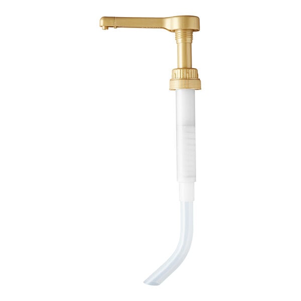 A gold and white plastic flavoring sauce pump designed for 64 fl. oz. bottles.