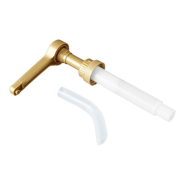 A gold and white plastic flavoring sauce pump with a curved extension tube, designed for 64 fl. oz. bottles.