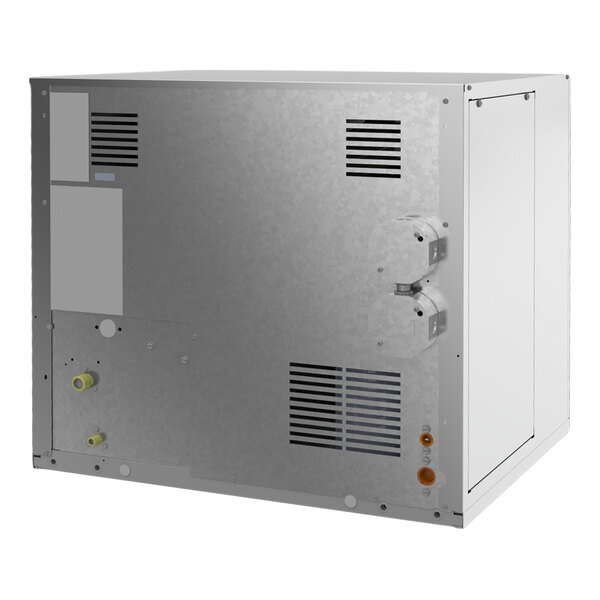 A large, industrial remote-cooled pearl nugget ice machine with a metallic exterior and multiple vents.