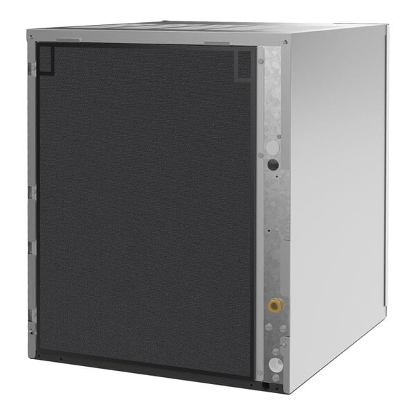 An air-cooled commercial ice machine with a boxy metal exterior and a black front panel.